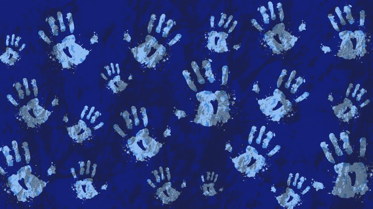 Animation of human trafficking awareness handprints on blue background
