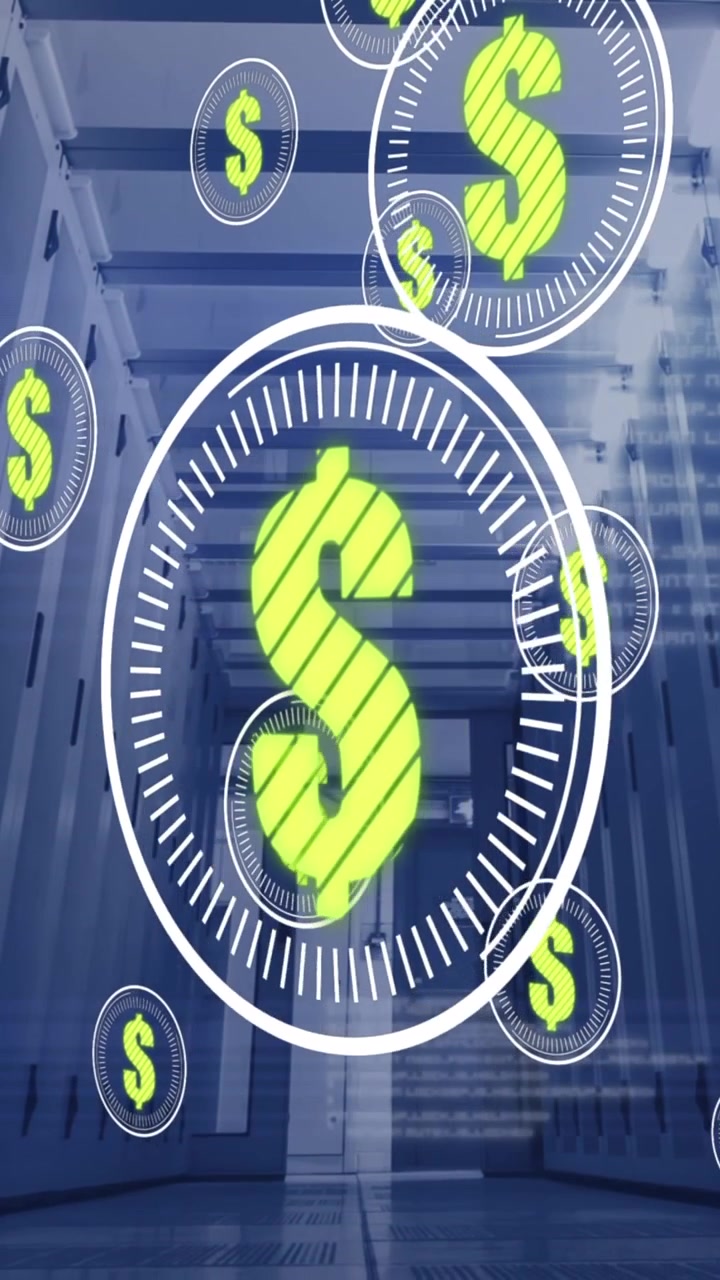 Animazione di dollari in cerchi che fluttuano sopra server.