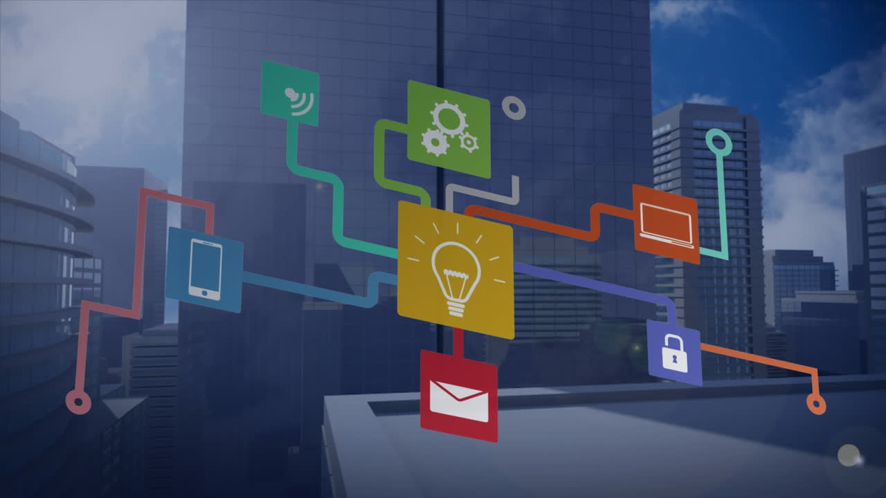 고층 건물의 공중 전망에 대한 디지털 아이콘 네트워크의 애니메이션