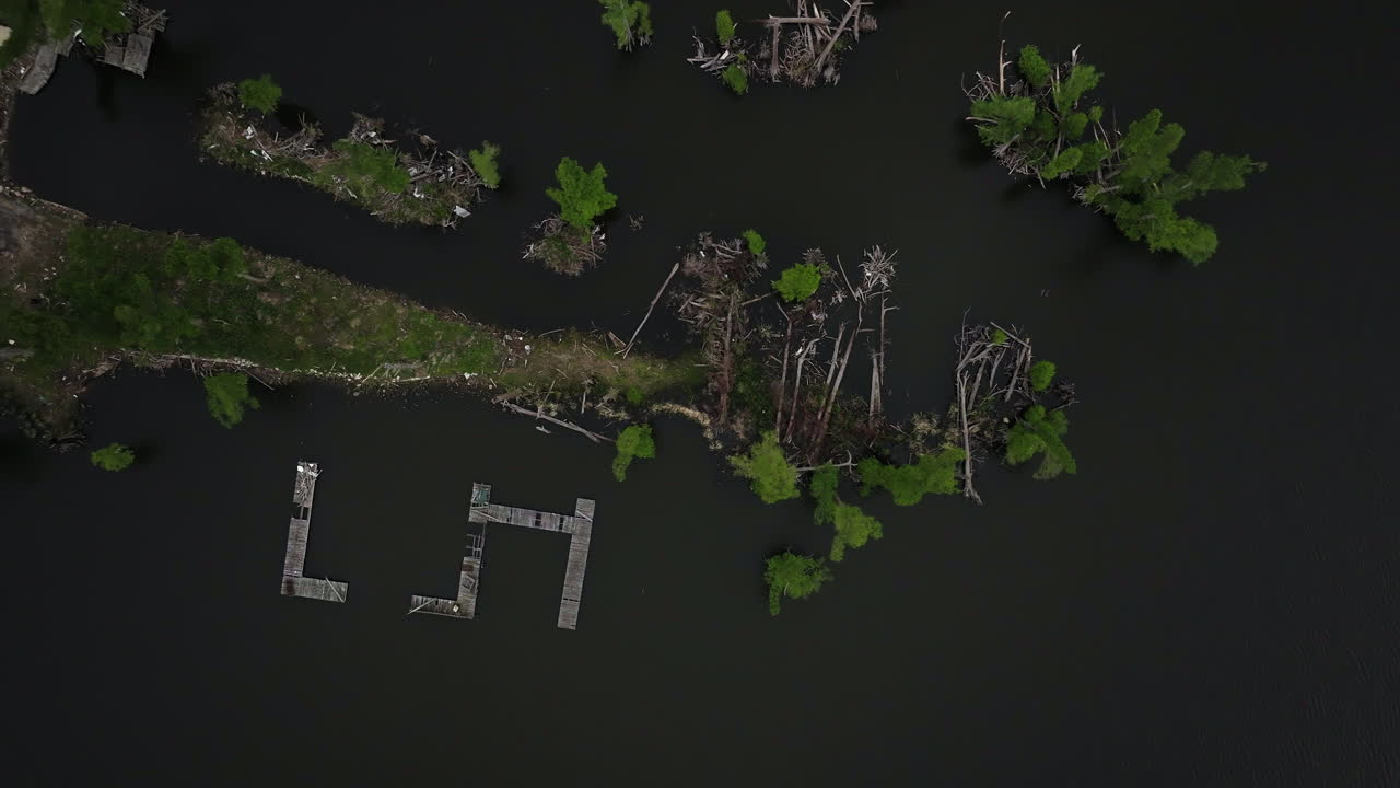 울창한 초록색과 목조 구조물이 있는 릴푸트 레이크 주립 공원, 공중에서 볼 수 있습니다.