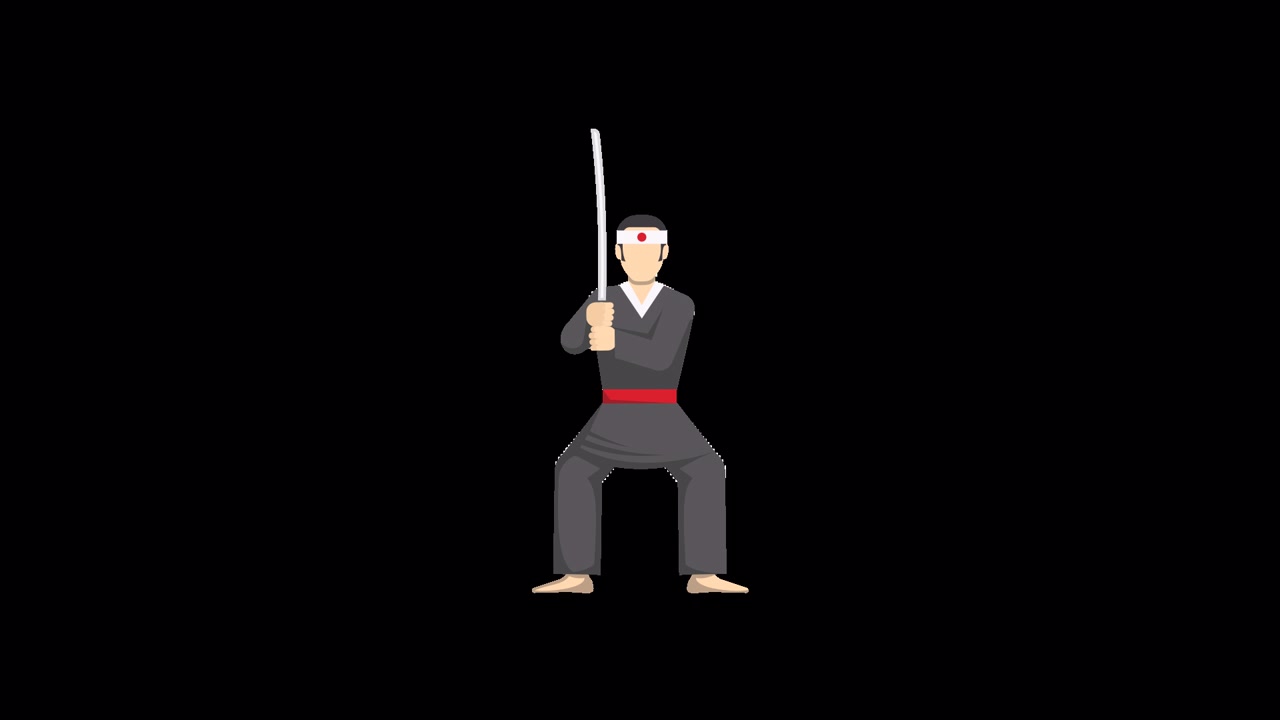 Personaggio guerriero giapponese animato che impugna una spada katana