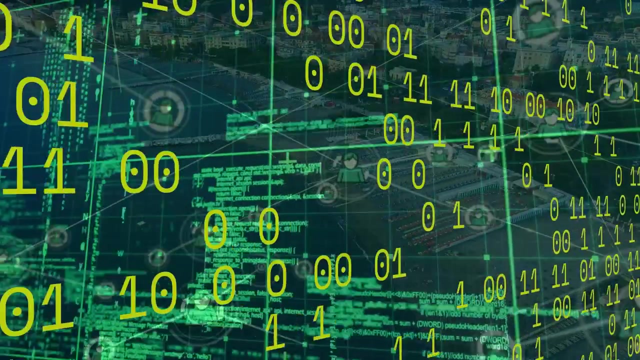Animation of data processing over cityscape