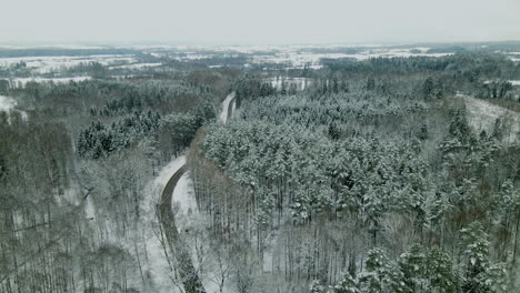 Vista-Aérea-Que-Muestra-Una-Carretera-Asfaltada-Rodeada-De-Un-Hermoso-Paisaje-De-árboles-Cubiertos-De-Nieve-En-Invierno