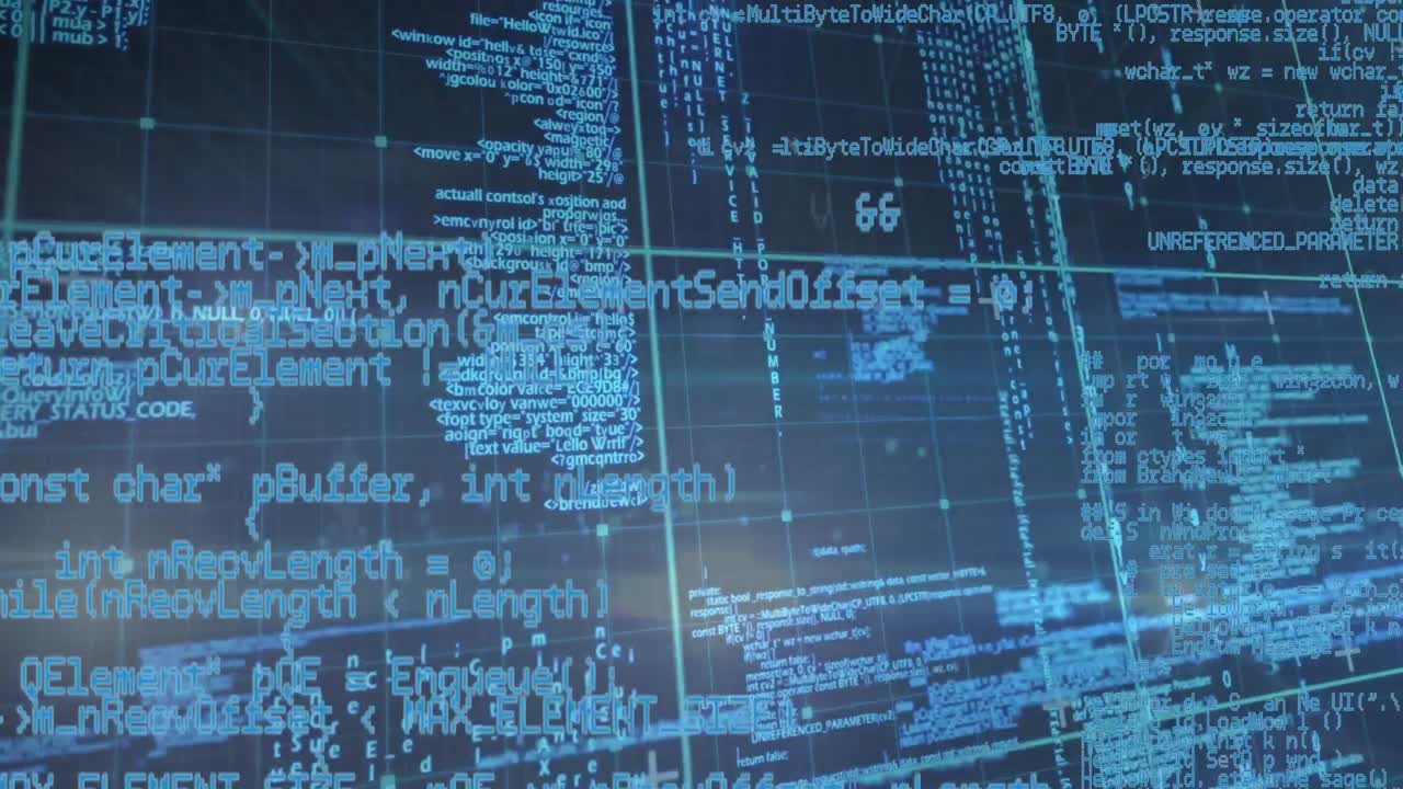 Animation of data processing over grid on black background