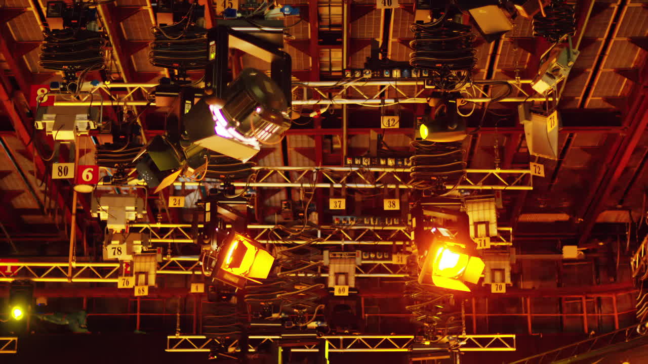 Flashing studio lights equipment on the ceiling of a TV set