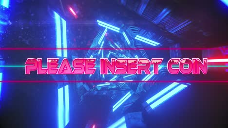 Animation-of-please-insert-coin-text-banner-over-neon-blue-tunnel-in-seamless-pattern