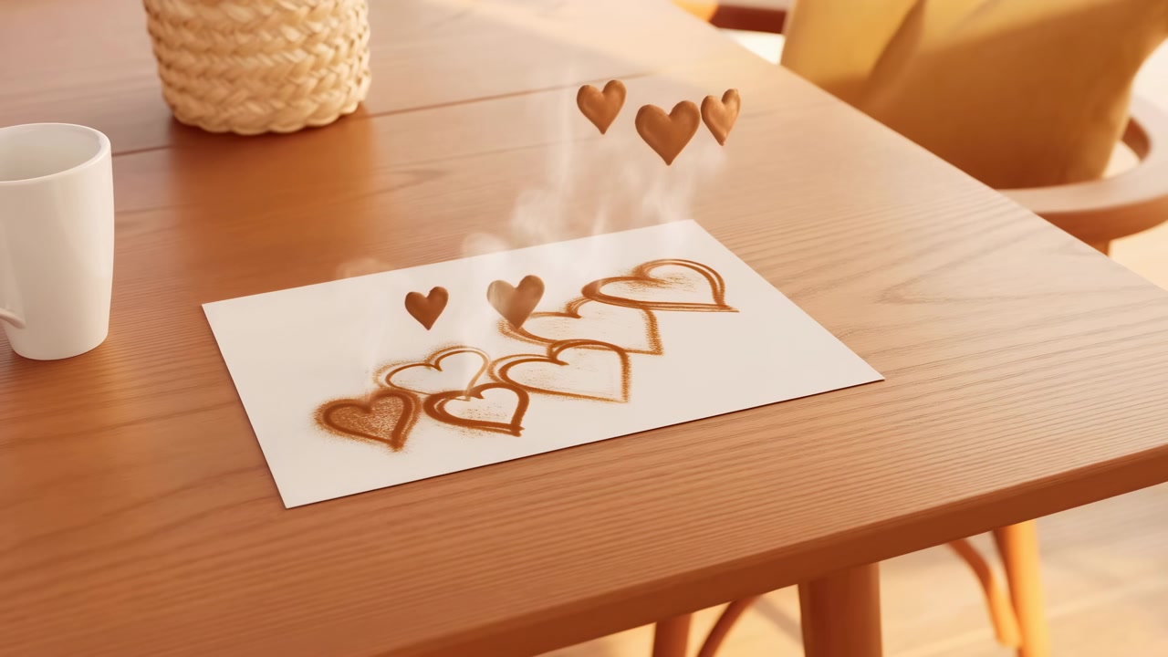 Small brown hearts float upward and fade from view while powder heart contours remain arranged across white paper, framed by warm wood, a plain mug, woven pot, and golden chair.