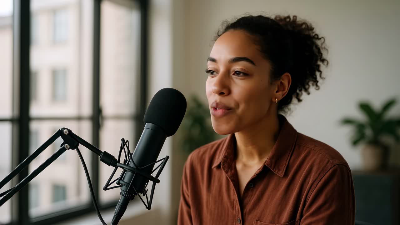 A woman recording a podcast video at home. Side angle captures her speaking into a microphone