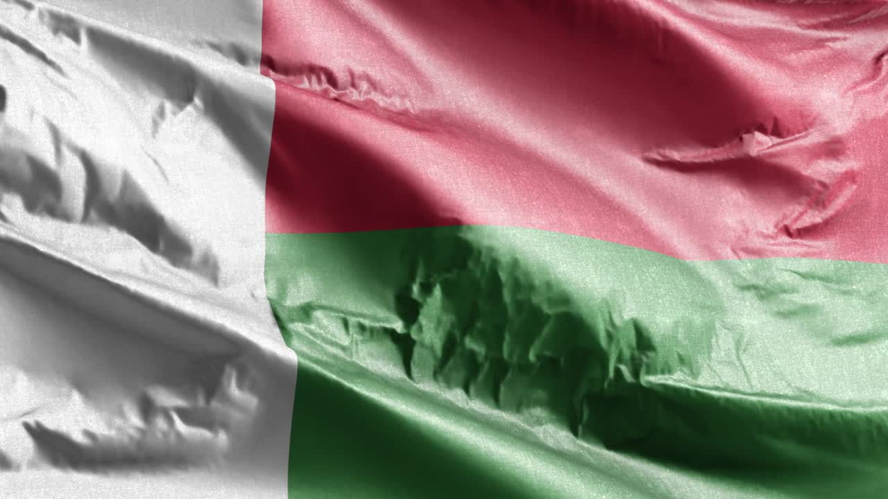 Bandiera tessile del Madagascar che sventola al vento in loop. Stendardo del Madagascar che ondeggia nella brezza. Tessuto in stoffa. Sfondo a riempimento completo. Loop di 10 secondi