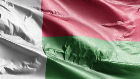 bandera textil de madagascar ondeando en el bucle del viento. estandarte de madagaskar balanceándose en la brisa. tejido textil de tela. fondo de relleno completo. bucle de 10 segundos.