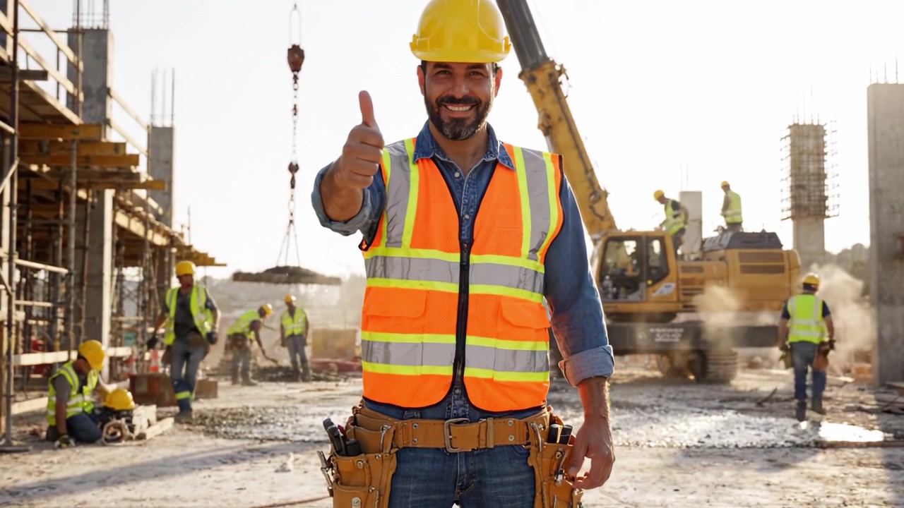 Confident Construction Worker in Safety Gear on Job Site, Illustrated in a Busy Construction Environment with Machinery and Crew Members Engaged in Various Tasks