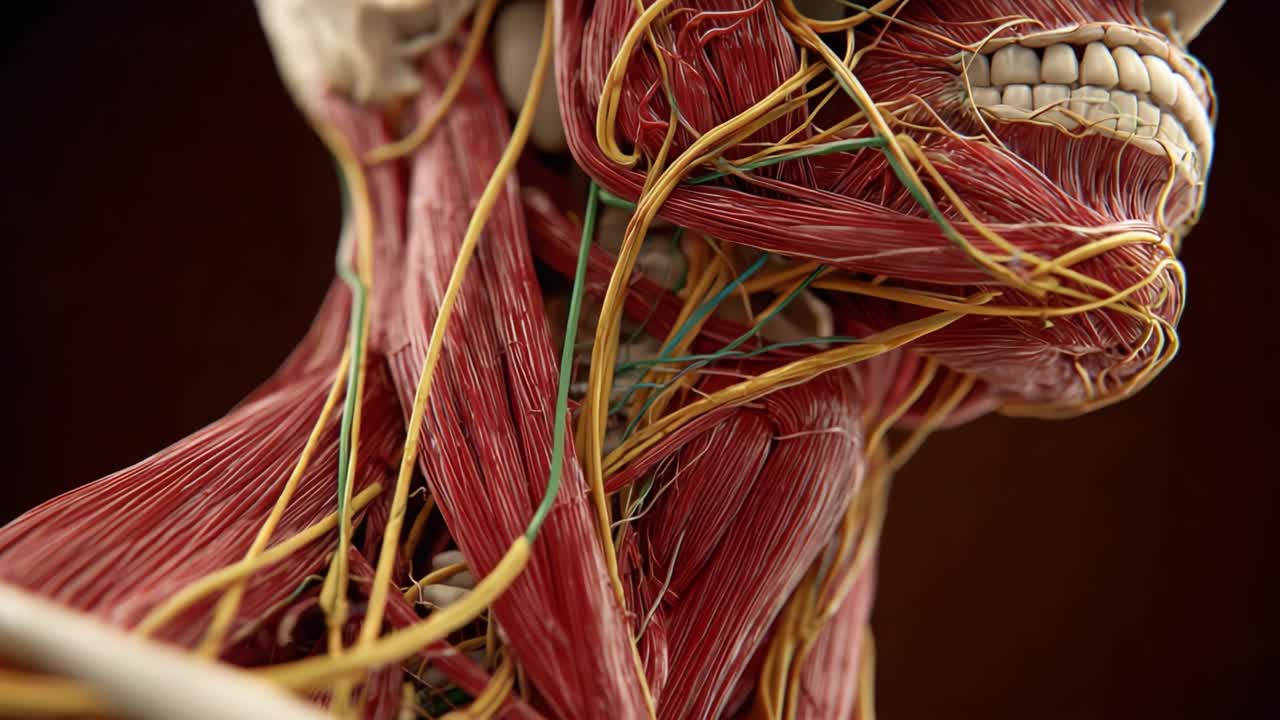 Visualizzazione dettagliata dell'anatomia umana che evidenzia la muscolatura e le connessioni del sistema nervoso, enfatizzando l'intricata struttura della parte superiore del corpo e della zona del collo