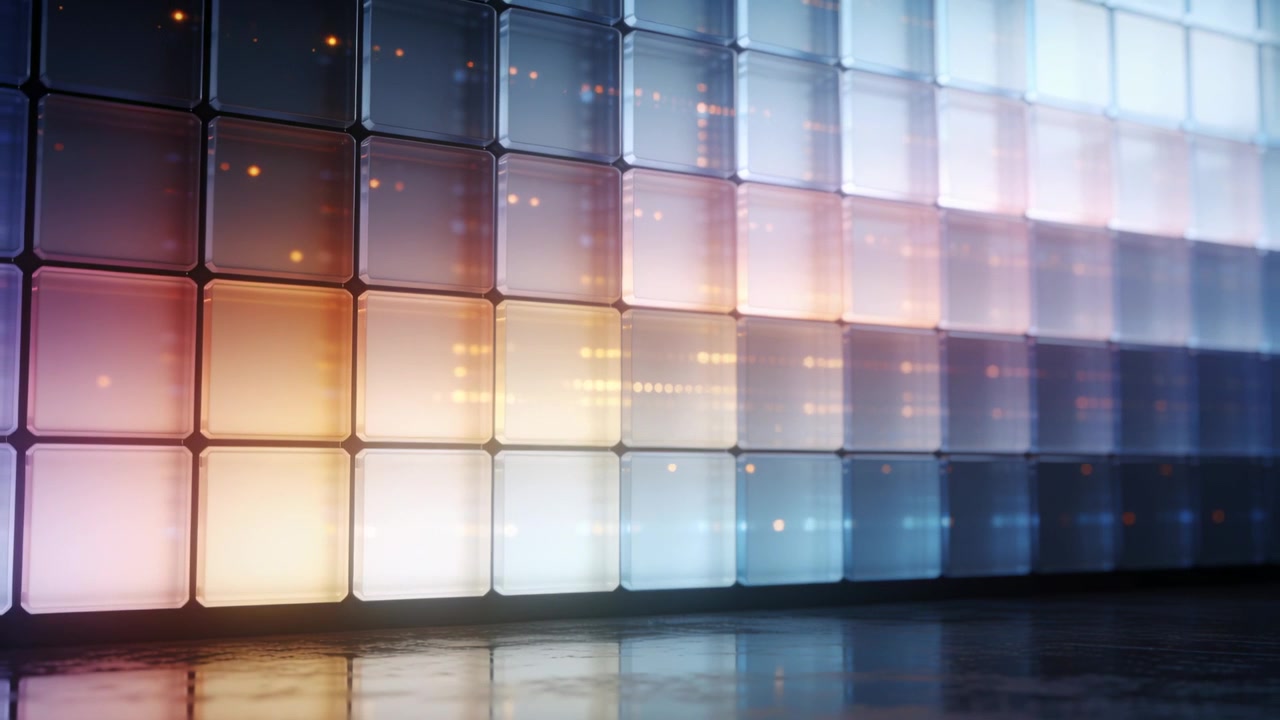 Starting animation driving LED panel wall shifting colors at studio, forming glossy floor with orbs