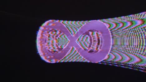 Zoom-in-of-infinity-symbol-icon-sign-with-pink-glitch-vhs-static-patterns