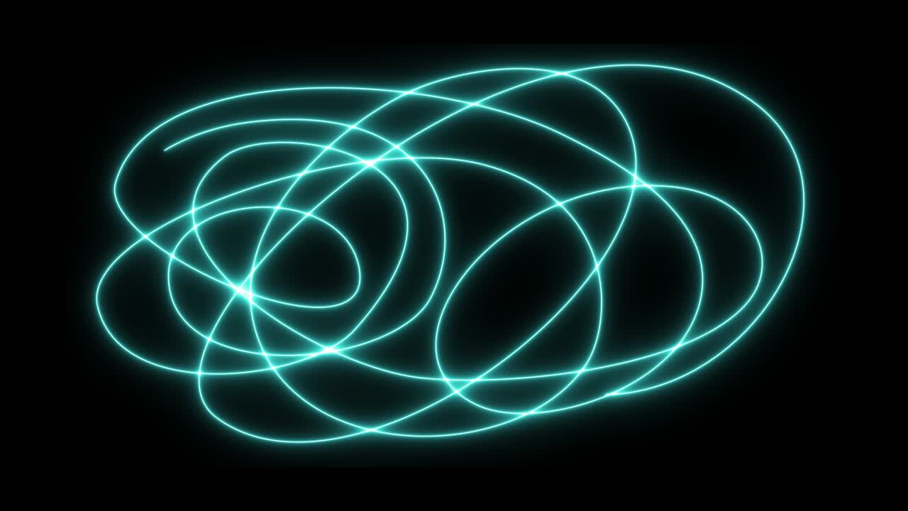 흑색 벽 배경에 망진창으로 힌 네온 조명. 박이는 네온 선이 빛나는 혼란스러운 추상. 다채로운 스트럼 애니메이션. 형광 빛나는 조명. 4k 비디오 현대 인터페이스.