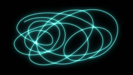 las luces de neón de la animación se enredan en el fondo de la pared negra. las líneas de neón parpadeantes se iluminan en abstracto caótico. el espectro multicolor de animación luces fluorescentes brillantes. interfaz de video 4k moderna