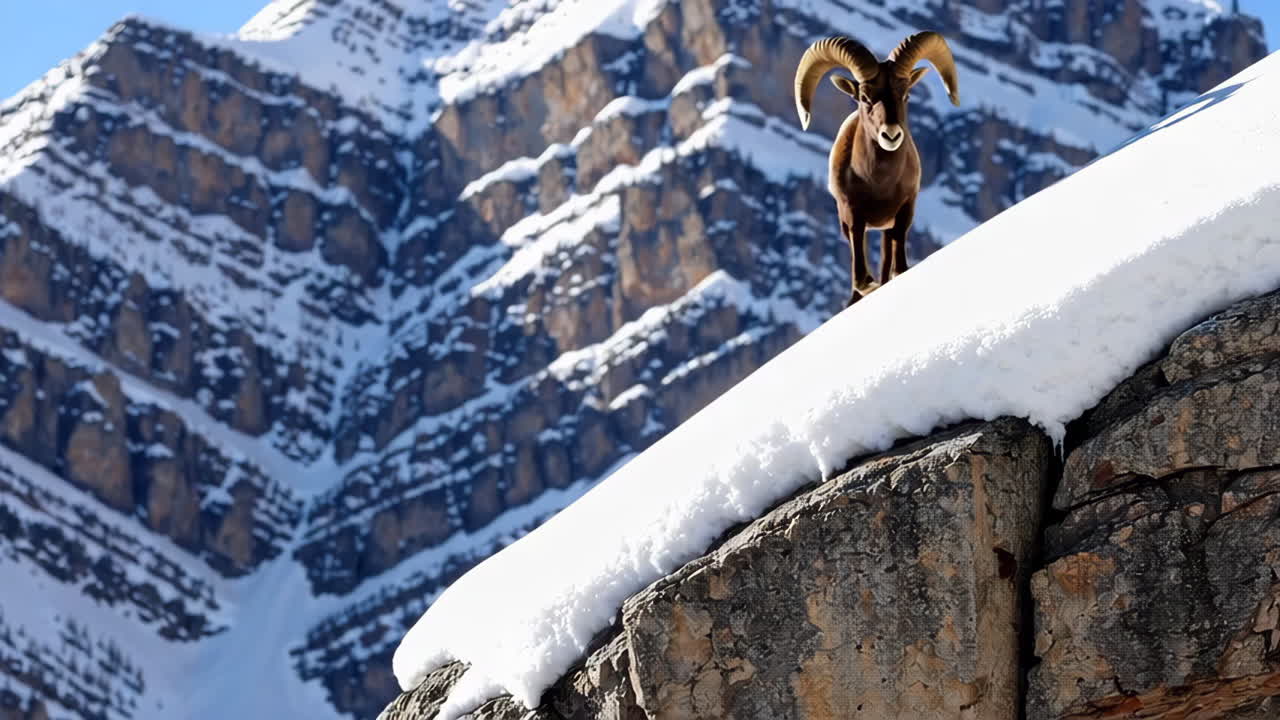 Bighorn Sheep on a Snow-Covered Mountain Ledge