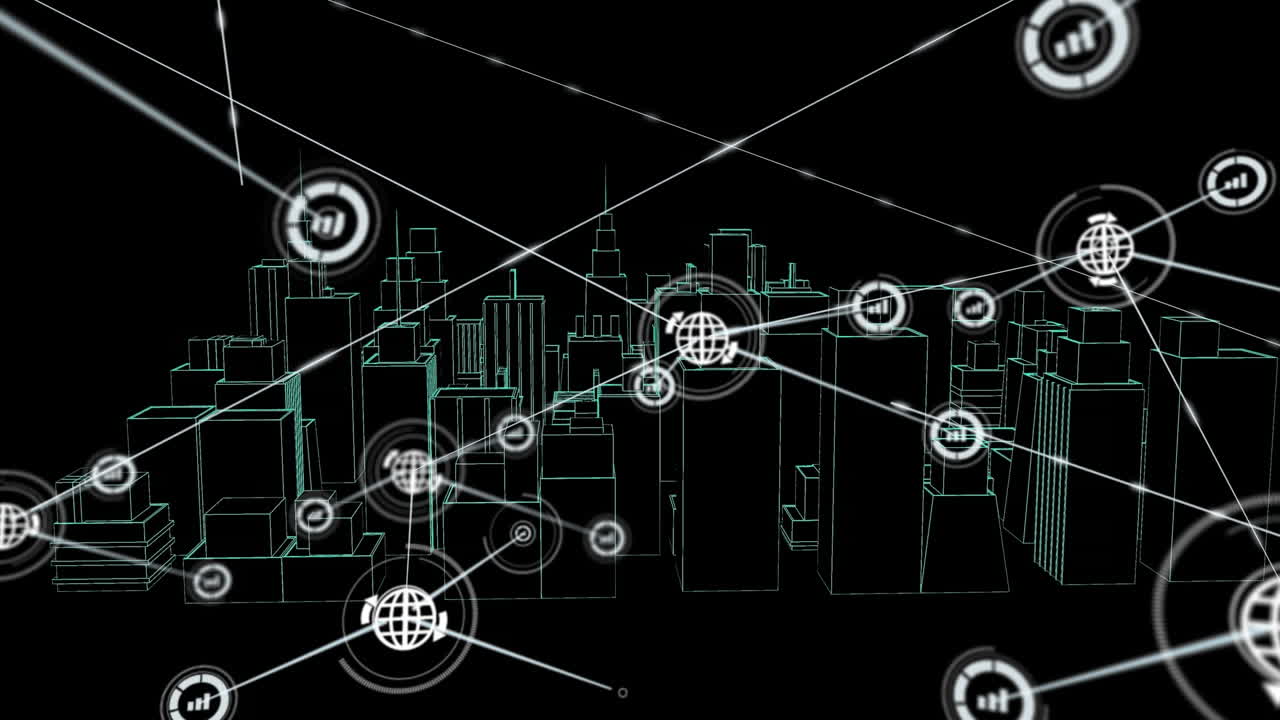 Animation of network of connections with icons over 3d city drawing on black background