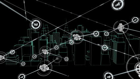 animación de la red de conexiones con iconos sobre el dibujo de la ciudad en 3d sobre fondo negro