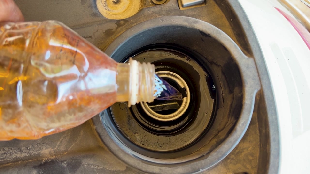 manual petrol refilling into motorcycle fuel tank during roadside fuel shortage crisis