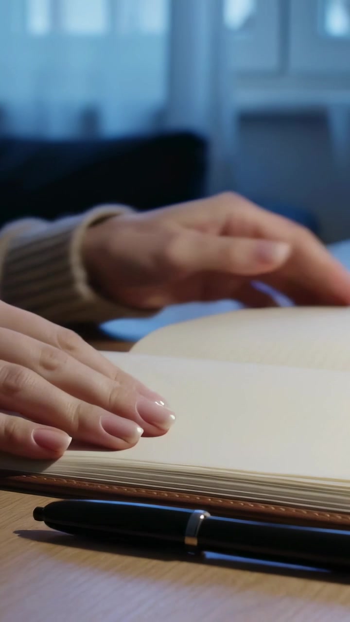 Vídeo vertical: Mulher segurando caneta preta, virando páginas do caderno na mesa, ajeitando o suéter para escrever.