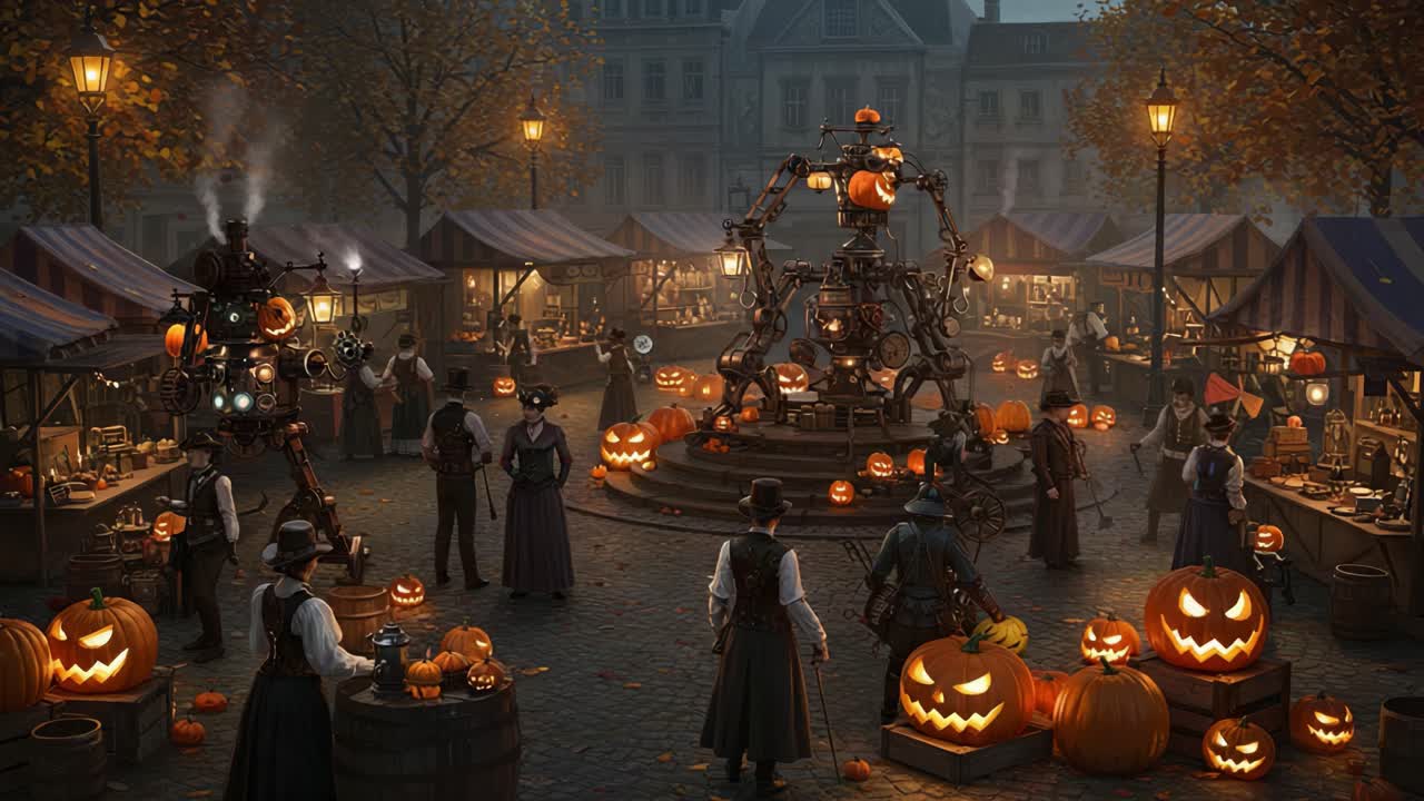 A Whimsical Halloween Market Featuring Mechanical Innovations and Glowing Pumpkins Captivating the Charm of a Fall Evening in a Historic Town Square