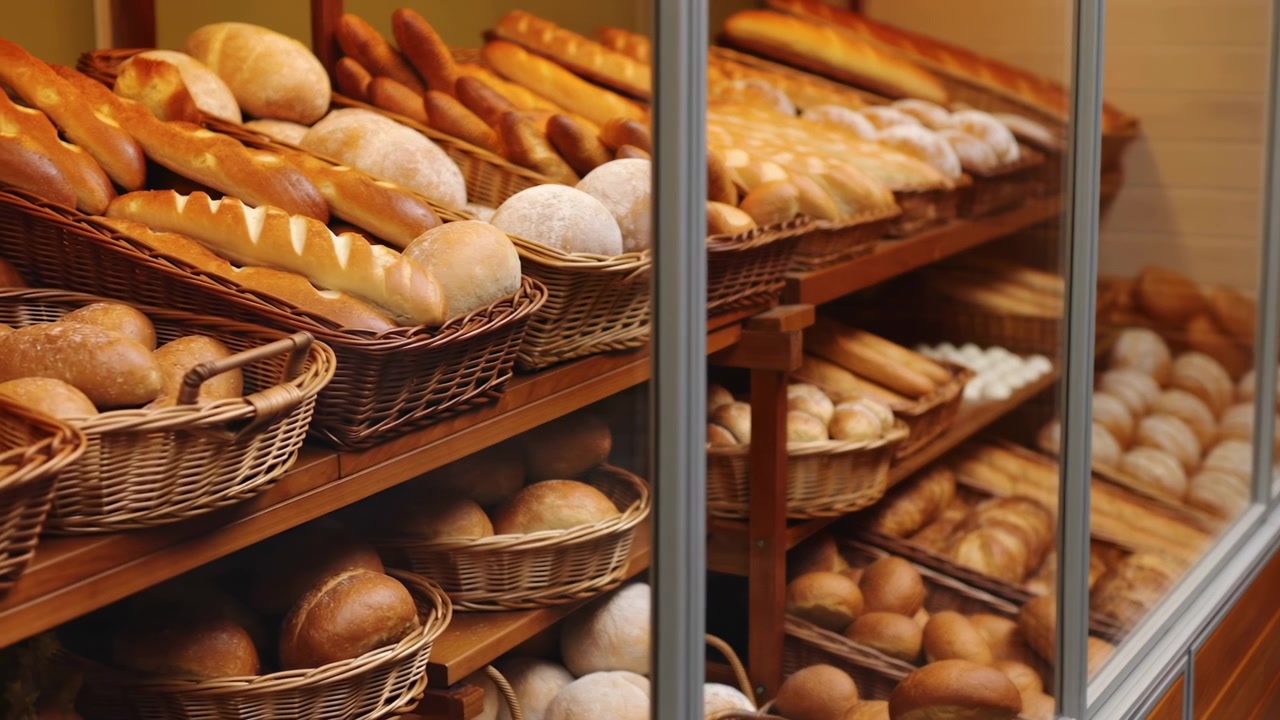 Bakery display cabinet reveals assorted bread and pastries on stacked wooden shelves, with warm illumination highlighting golden crusts, varied shapes, and detailed food textures in close view.