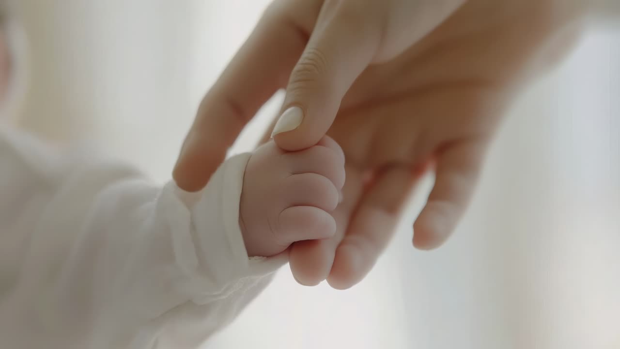 Close-up video shot of a baby's hand gently held by an adult, symbolizing care and connection