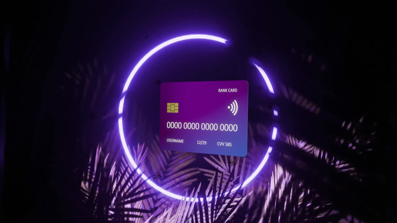 animación de una tarjeta de crédito con datos sobre un círculo de neón sobre un fondo negro