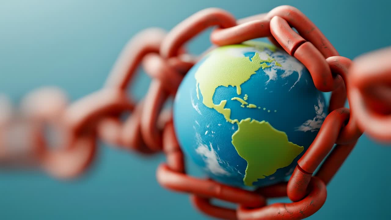 Mondo incatenato con maglie arrugginite a fuoco. Un globo mostra le Americhe circondate da catene arrugginite su uno sfondo semplice