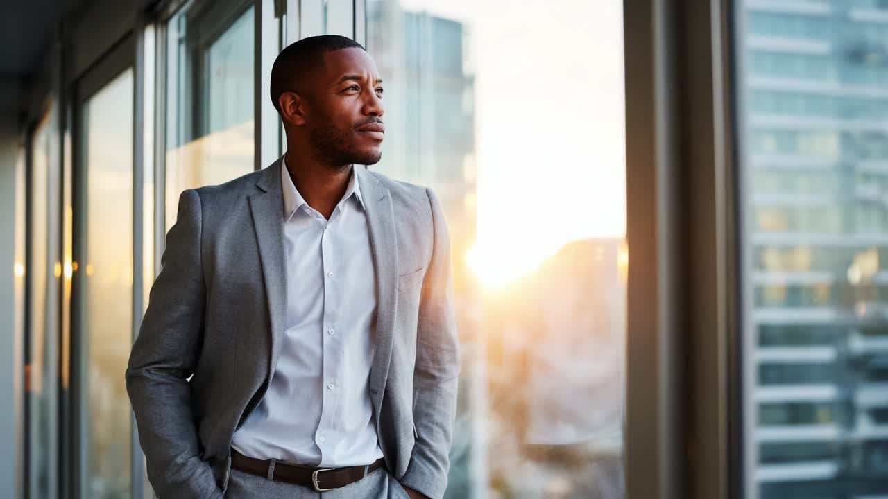 A contemplative moment captured in an urban setting: a well-dressed man gazes out the window at sunset, embodying professionalism, confidence, and poise while reflecting on his thoughts in a modern office environment