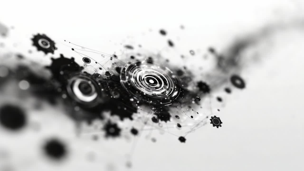 Abstract Representation of Dynamic Circular Patterns with Gears and Lines, Conveying Movement and Technology in Monochrome Design