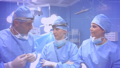 Animation-of-finacial-data-processing-over-caucasian-surgeons-in-operating-theatre