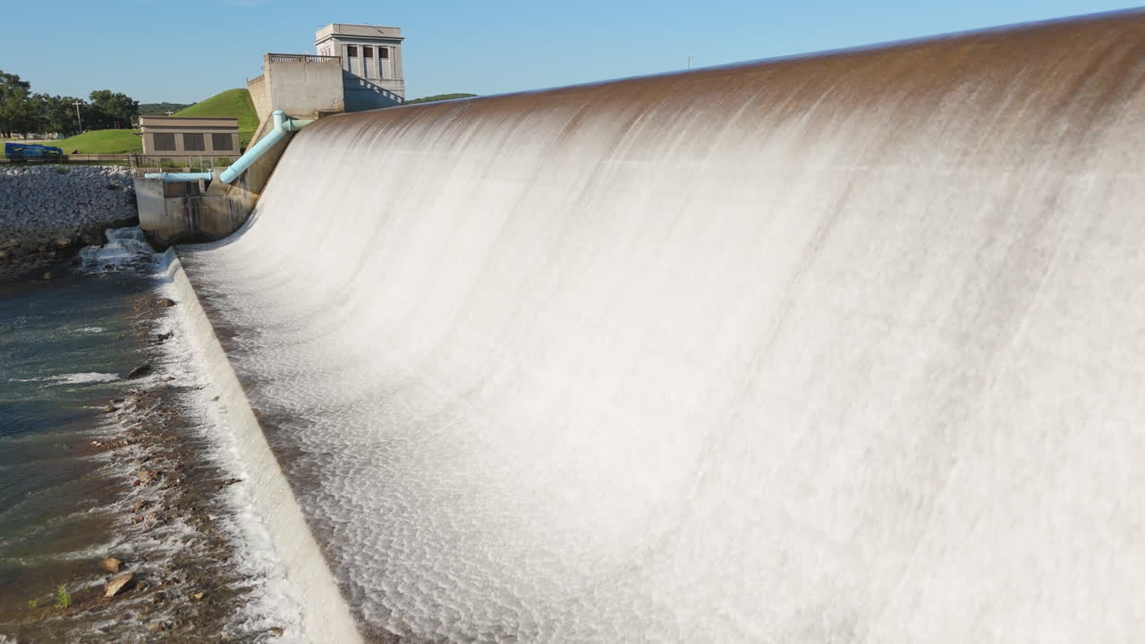 Water Flowing At Spavinaw Spillway In Oklahoma, United States - Drone Shot