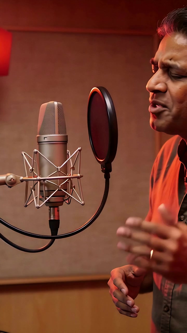 Video verticale: Ingresso, uomo in camicia abbottonata che canta, registra con microfono in studio, spazio per il testo