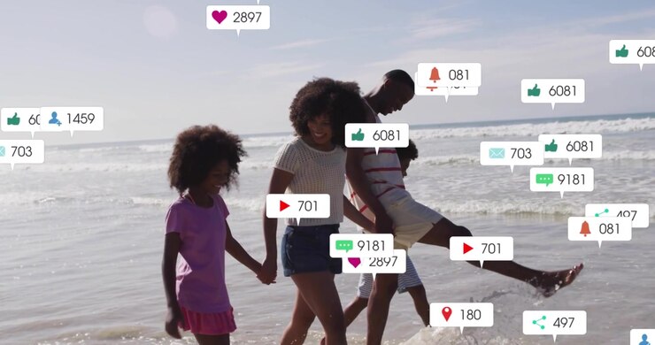Famille marchant sur le rivage, des bulles fleurissant autour du groupe puis s'estompant, montrant la valeur pour les spécialistes du marketing