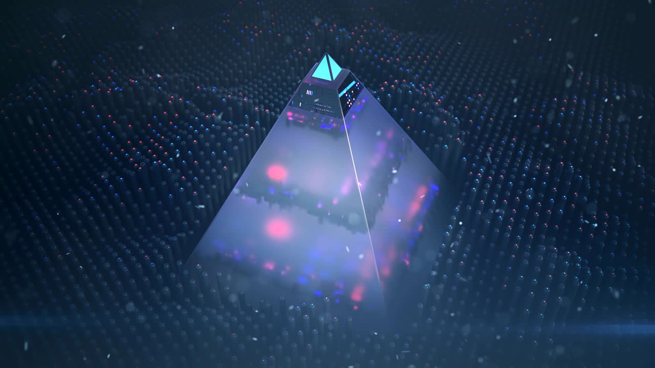 하이테크 피라미드 및 파동 형태의 스캔 3d 렌더링 애니메이션
