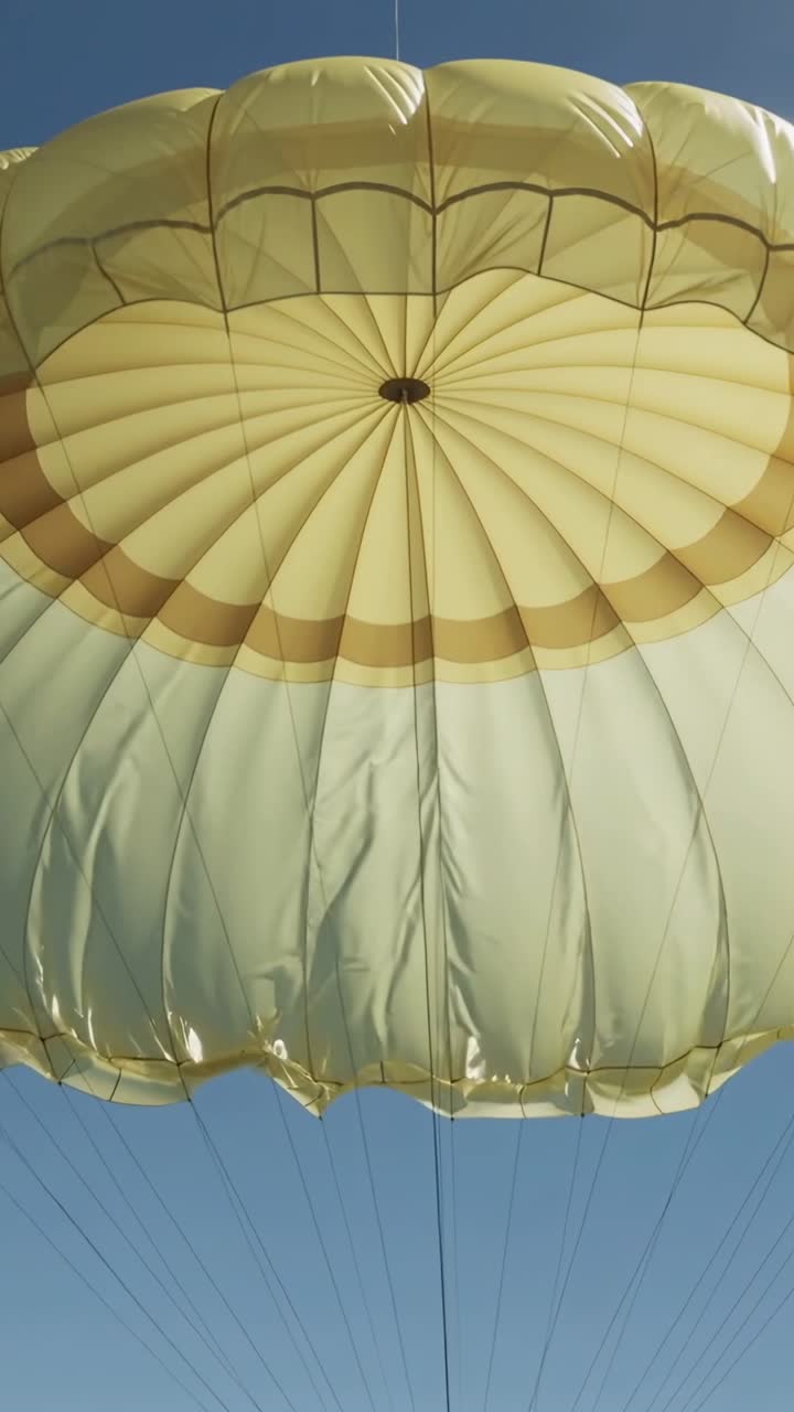Video verticale: Brezza leggera che muove un paracadute giallo in alto nel cielo blu, rivelando le corde