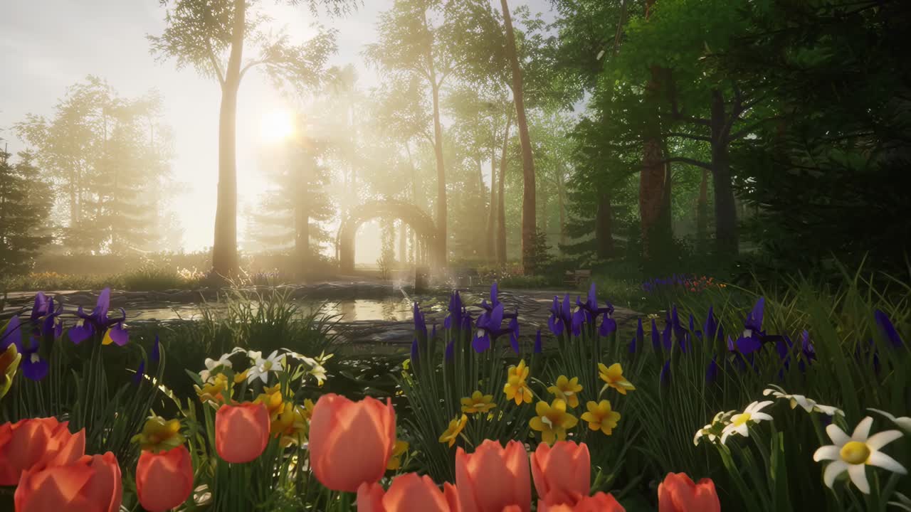Serene forest scene with flowers, captured at eye level Ideal for tranquil video backdrops