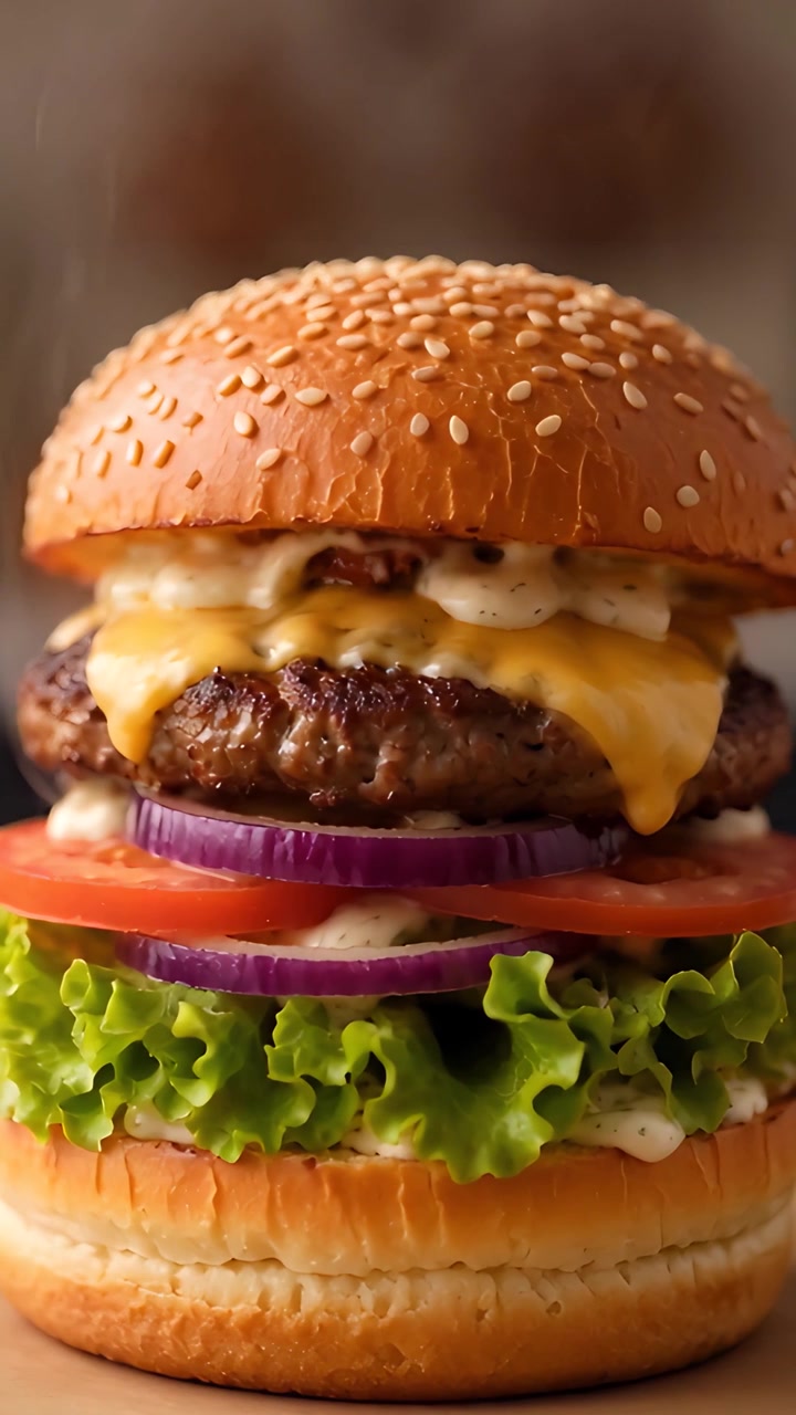 Hamburguesa Jugosa en Primer Plano con Fondo Bokeh 4K