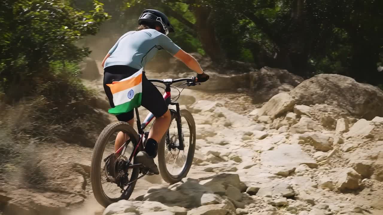 Ciclista che sale su un sentiero in bici vicino alle rocce, indossa un casco e una bandiera e si butta tra gli alberi per evitare le rocce