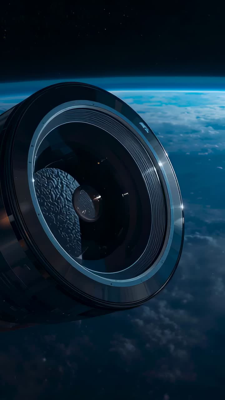 Vertical video: Thruster firing causing optical module rotating above blue Earth limb, showing lens