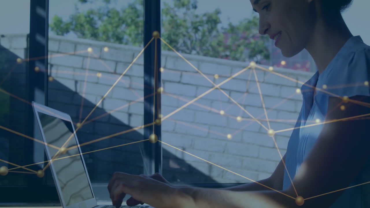 Working on laptop, person with network connections animation overlay in background