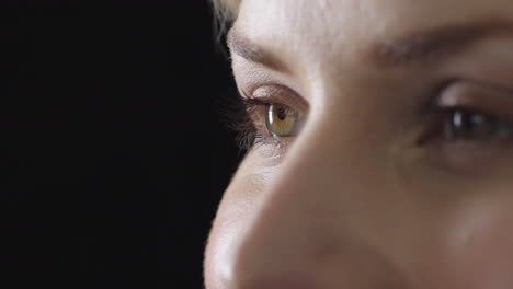 close up caucasian woman eyes smiling cheerful detail shot on black background copy space