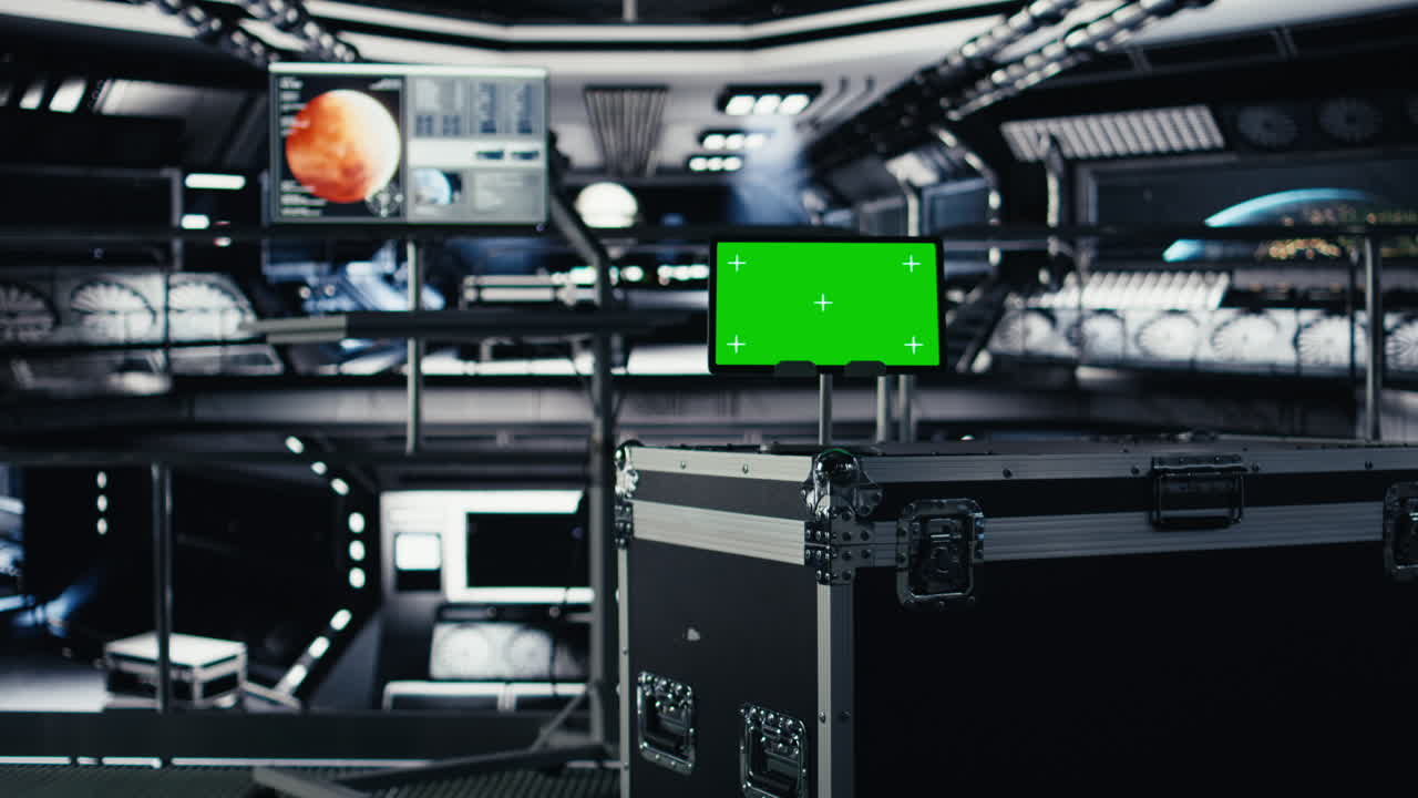 Chroma key tablet in orbital station surrounded by high tech gear