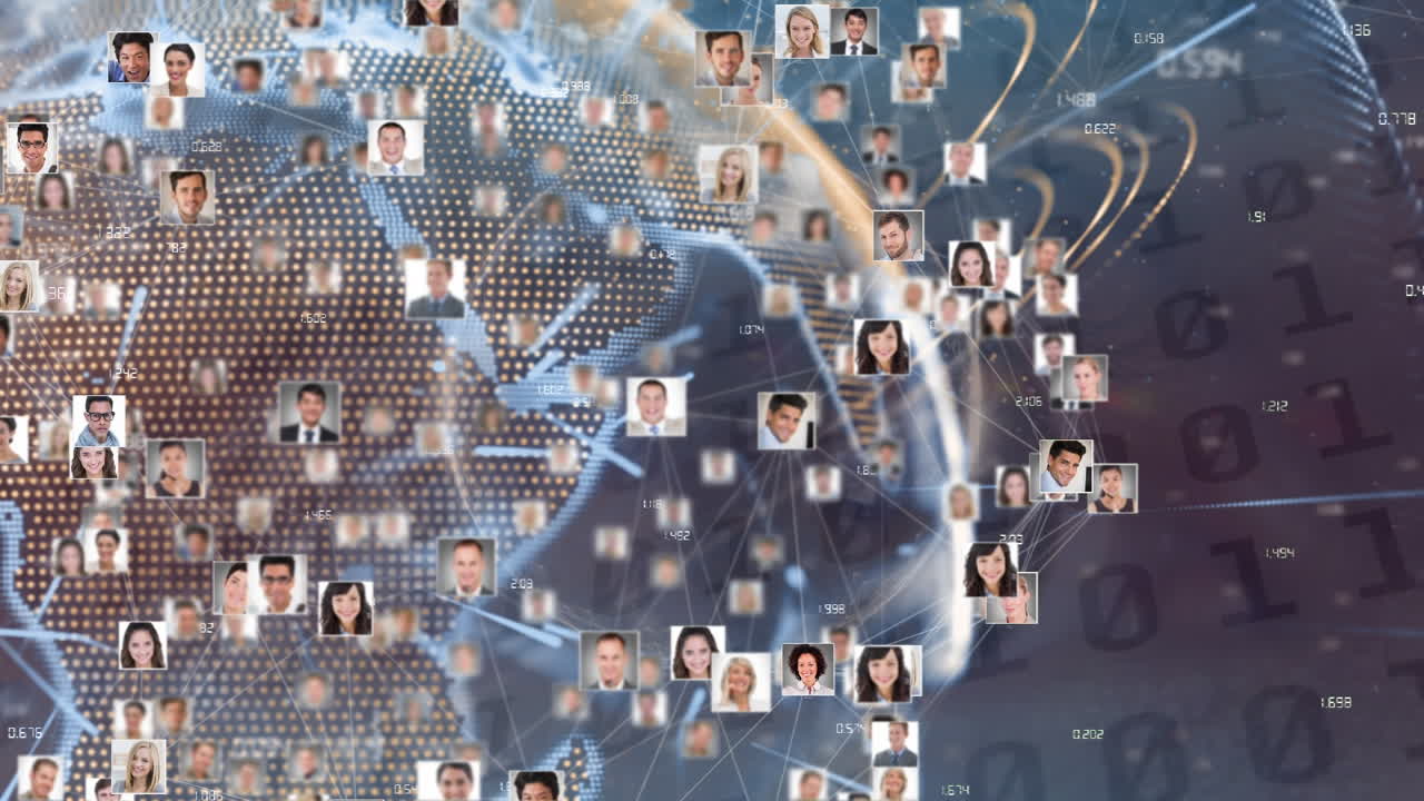 animación de la red de conexiones con imágenes de personas a través del procesamiento de datos