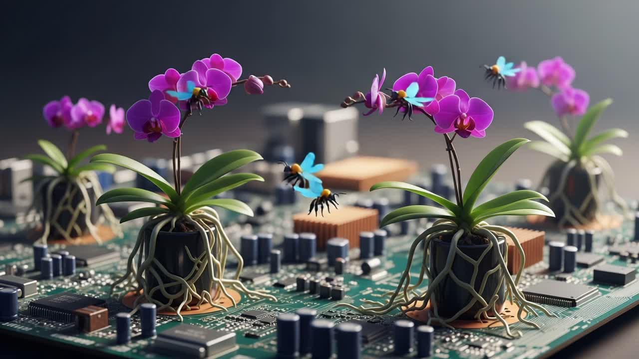 A mesmerizing fusion of nature and technology, showcasing vibrant orchids sprouting from a circuit board, attracting playful bees and fluttering blue insects in a harmonious ecosystem