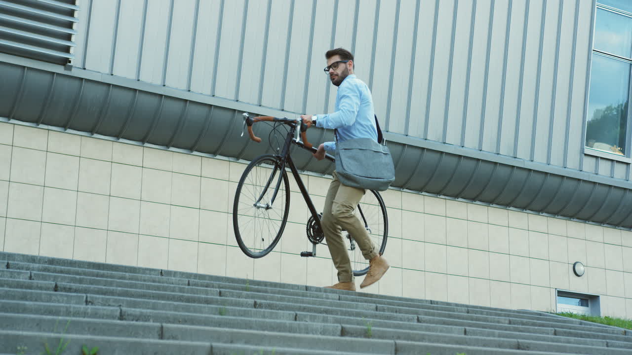 buen mozo con gafas llevando su bicicleta por las escaleras mientras va a casa del trabajo