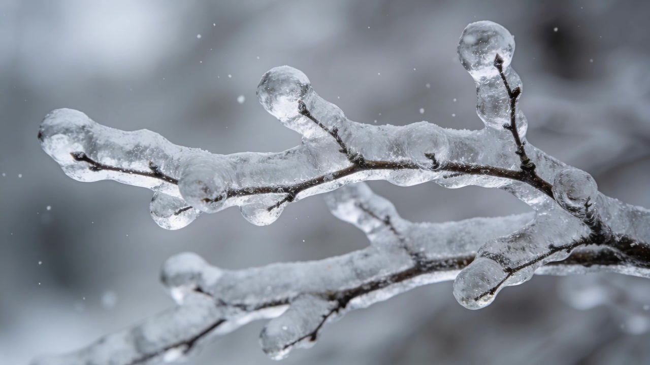Precipitazioni gelide che bloccano un piccolo ramo in uno strato di ghiaccio trasparente in un bosco con fiocchi di neve che cadono.