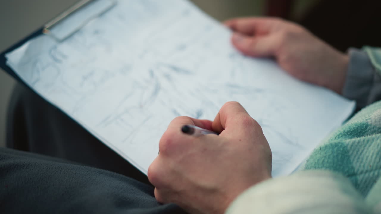 hiker sketching mountain landscape on board, closeup of hands holding pencil and paper on lap, wearing cozy jacket, soft natural light, detailed strokes and travel notes capturing serene outdoor